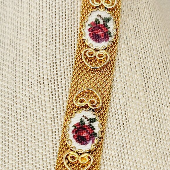 Vintage Gold Mesh Bracelet with Rose Needlepoint Insets - Picture 3 of 6